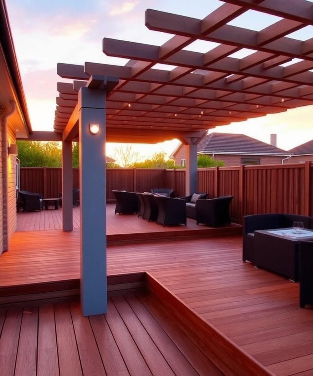 Raised decking with pergola at sunset