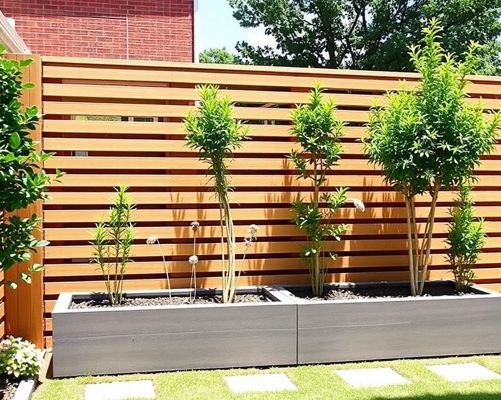 Modern slatted fence with planters